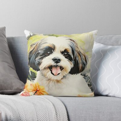 Watercolor Black White Shih Tzu Throw Pillow